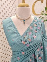 Semi-tussur with multicolour floral embroidered buttas all over the body and jali-cutwork border - Image 14