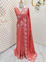 Semi tussar saree with rose like floral embroidered border and pallu with scalloped cutwork detailing - Image 4
