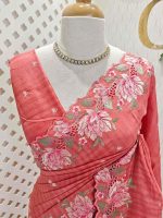 Semi tussar saree with rose like floral embroidered border and pallu with scalloped cutwork detailing - Image 3