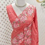 Semi tussar saree with rose like floral embroidered border and pallu with scalloped cutwork detailing