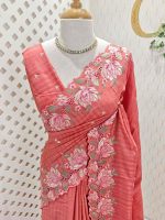 Semi tussar saree with rose like floral embroidered border and pallu with scalloped cutwork detailing