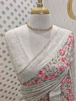 Semi-tussur with lace inspired-embroidered border and minimal floral buttas across the body - Image 2