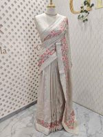 Semi-tussur with lace inspired-embroidered border and minimal floral buttas across the body - Image 3
