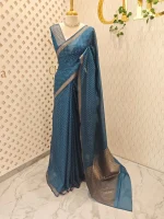 Tissue banarasi with dots on full body portion along with thin boarder - Image 9