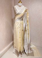 Tussar banarasi with tree like buttas and floral pattern on border - Image 9