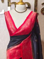Tussar Banarasi with flower buttas on the body and big leaf design contrast border - Image 4