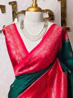 Tussar Banarasi with flower buttas on the body and big leaf design contrast border - Image 2
