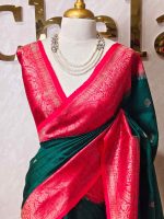 Tussar Banarasi with flower buttas on the body and big leaf design contrast border