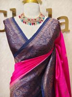 Tussar Banarasi with flower buttas on the body and big leaf design contrast border - Image 10