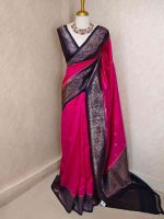 Tussar Banarasi with flower buttas on the body and big leaf design contrast border - Image 12