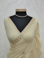 Tissue silk with jacquard inspired woven motif on the pallu and sequence,zari work scallop border - Image 3