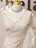 Tissue silk with leafy vein applique like embroidery on the pallu. - Image 5