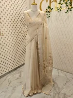Tissue silk with leafy vein applique like embroidery on the pallu. - Image 12