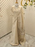 Tissue silk with leafy vein applique like embroidery on the pallu. - Image 15