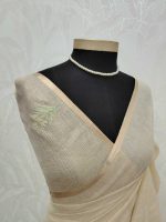 Tissue silk with floral vien like applique-embroidery on the pallu and minimal floral motifs allover the body. - Image 9