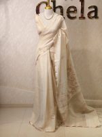 Tissue silk with floral vien like applique-embroidery on the pallu and minimal floral motifs allover the body. - Image 3