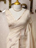 Tissue silk with floral vien like applique-embroidery on the pallu and minimal floral motifs allover the body. - Image 4