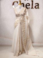 Tissue silk with floral applique embroidery on the lower bottom and pallu and minimal floral buttas allover the body - Image 3