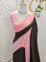 Viscose with contrast border and small zari check on the body with contrast zari woven blouse. - Image 19