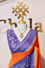 Viscose with contrast border and small zari check on the body with contrast zari woven blouse. - Image 26