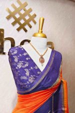 Viscose with contrast border and small zari check on the body with contrast zari woven blouse. - Image 28