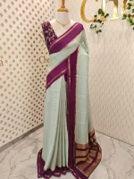 Viscose with contrast border and small zari check on the body with contrast zari woven blouse. - Image 9