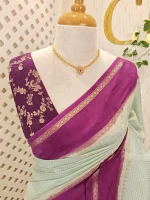 Viscose with contrast border and small zari check on the body with contrast zari woven blouse. - Image 8