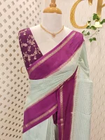 Viscose with contrast border and small zari check on the body with contrast zari woven blouse. - Image 7