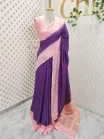 Viscose with contrast border and small zari check on the body with contrast zari woven blouse. - Image 12
