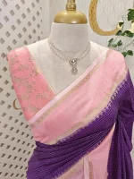 Viscose with contrast border and small zari check on the body with contrast zari woven blouse. - Image 11