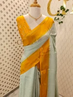 Viscose with contrast border and small zari check on the body with contrast zari woven blouse. - Image 13
