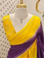 Viscose with contrast border and small zari check on the body with contrast zari woven blouse. - Image 17