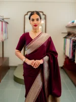 Banarasi saree with a plain body, complemented by a traditional zari-woven double border - Image 3
