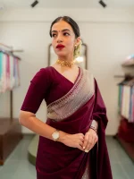 Banarasi saree with a plain body, complemented by a traditional zari-woven double border - Image 2