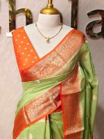 Georgette Banarasi with a plain body, scattered zari-woven buttas,and a contrast floral zari-woven border - Image 7