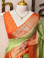 Georgette Banarasi with a plain body, scattered zari-woven buttas,and a contrast floral zari-woven border - Image 8