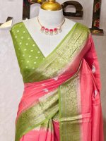 Georgette Banarasi with a plain body, scattered zari-woven buttas,and a contrast floral zari-woven border - Image 4
