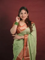 Georgette Banarasi with a plain body, scattered zari-woven buttas,and a contrast floral zari-woven border