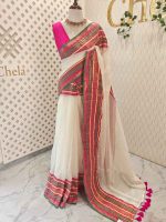 Mul cotton with a plain body, complemented by a rich contrast pallu featuring horizontal zari-woven stripes - Image 3