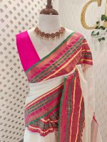 Mul cotton with a plain body, complemented by a rich contrast pallu featuring horizontal zari-woven stripes