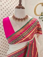 Mul cotton with a plain body, complemented by a rich contrast pallu featuring horizontal zari-woven stripes - Image 2