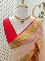 Mul cotton saree with a plain body, complemented by a broad zari boarder - Image 2