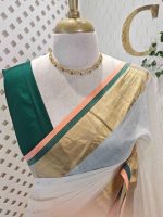 Mul cotton saree with a plain body,complemented by a broad zari border with contrast edging and tassel detailing - Image 2
