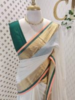 Mul cotton saree with a plain body,complemented by a broad zari border with contrast edging and tassel detailing
