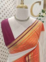 Mul cotton saree with plain body, complimented by a contrast striped zari border - Image 2