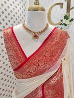 Organza banarasi with leafy-inspired zari-woven buttas all over the body and a rich traditional contrast border - Image 4