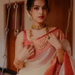 Organza banarasi with leafy-inspired zari-woven buttas all over the body and a rich traditional contrast border