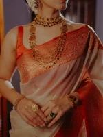 Organza banarasi with leafy-inspired zari-woven buttas all over the body and a rich traditional contrast border - Image 3