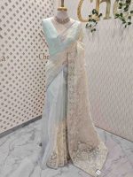 Organza saree with an allover paisley-inspired thread work pattern highlighted by intricate floral detailing - Image 10