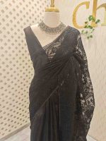 Organza saree with an allover paisley-inspired thread work pattern highlighted by intricate floral detailing - Image 12